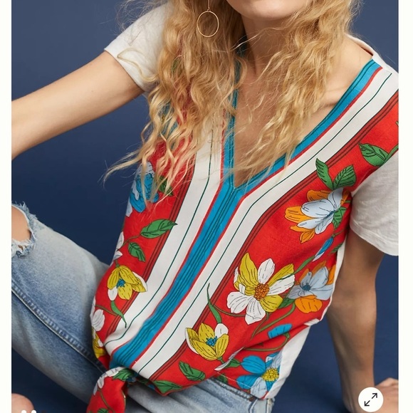 Anthropologie Akemi + Kin Sherburne Printed Tee Shirt Top V Neck Tie Front S Sm - Picture 7 of 10